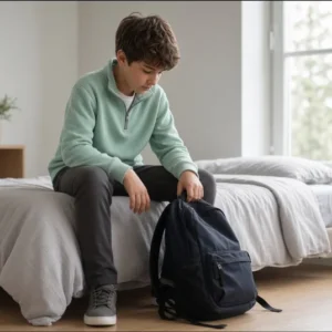 Enfant assis sur son lit, cartable à ses pieds, avant de partir à l'école
